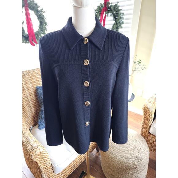 St. John Sweaters - ST. JOHN Basic Black Gold Button Santana Knit Jacket Cardigan Blazer Womens Sz 8